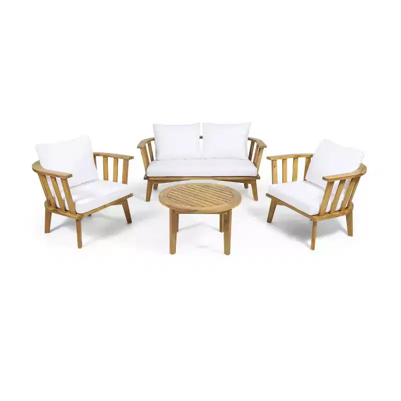 Solano 5pc Outdoor Wooden Chat Set with Round Coffee Table - White/Teak - Christopher Knight Home: Acacia Wood, UV & Water-Resistant