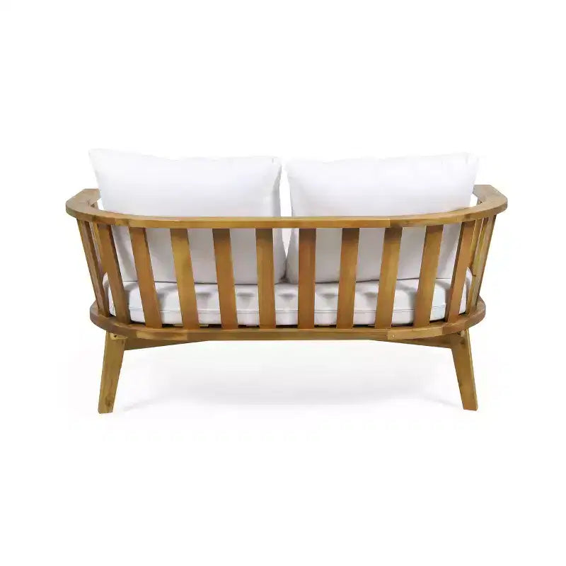 Juego de conversación de madera de 5 piezas para exterior Solano con mesa de centro redonda - Blanco/Teca - Christopher Knight Home: Madera de acacia, resistente a los rayos UV y al agua