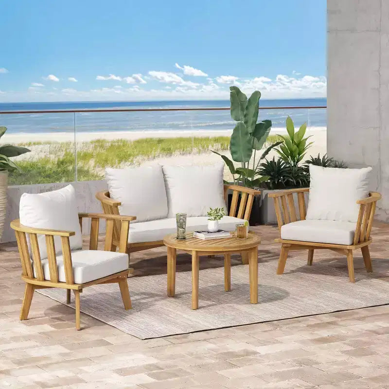 Juego de conversación de madera de 5 piezas para exterior Solano con mesa de centro redonda - Blanco/Teca - Christopher Knight Home: Madera de acacia, resistente a los rayos UV y al agua