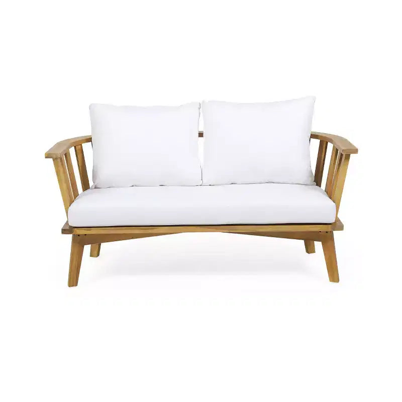 Juego de conversación de madera de 5 piezas para exterior Solano con mesa de centro redonda - Blanco/Teca - Christopher Knight Home: Madera de acacia, resistente a los rayos UV y al agua