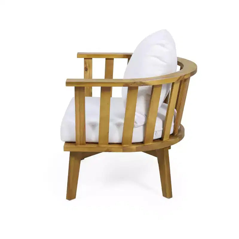 Juego de conversación de madera de 5 piezas para exterior Solano con mesa de centro redonda - Blanco/Teca - Christopher Knight Home: Madera de acacia, resistente a los rayos UV y al agua