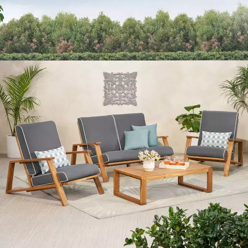 Juego de sofá de jardín Paloma de madera de acacia para 4 personas con cojines: Resistente a la intemperie - Christopher Knight Home