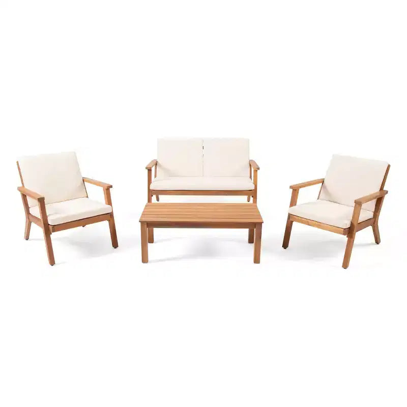 Temecula Outdoor Acacia Wood 4 Seater Chat Set with Cushions - Brown Patina/Cream - Christopher Knight Home