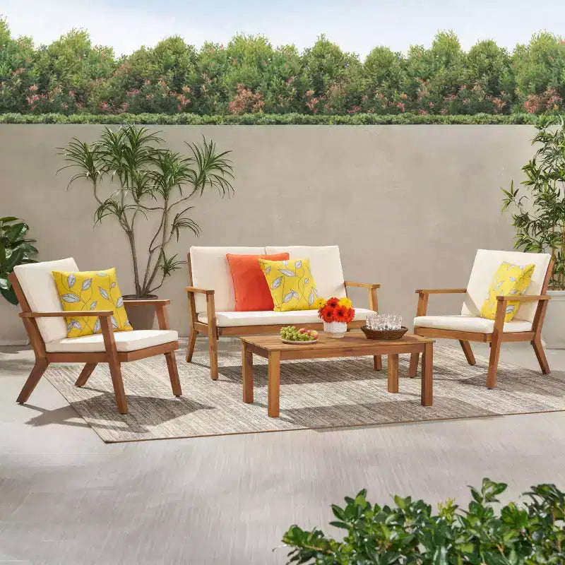 Juego de Muebles de Jardín de Madera de Acacia de 4 Plazas con Cojines Temecula - Pátina Marrón/Crema - Christopher Knight Home