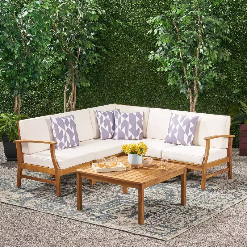 Perla 6pc Acacia Wood Patio Chat Set: Sectional Sofa, Coffee Table, Weather-Resistant - Christopher Knight Home