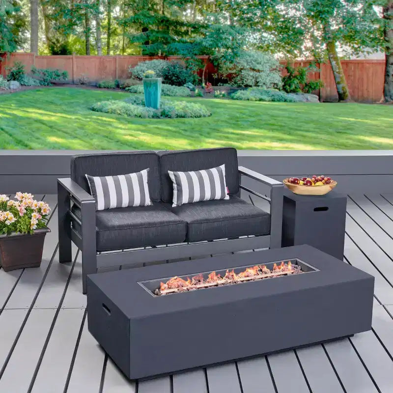 Cape Coral 3pc Aluminum and Rectangular MGO Fire Table Set - Gray - Christopher Knight Home: Outdoor Chat Set with Propane Firepit