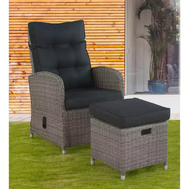 Tumbona reclinable de mimbre para exterior Monaco de 2 piezas y otomana - Gris - Muebles Alaterre: Juego de patio resistente al agua y a la intemperie