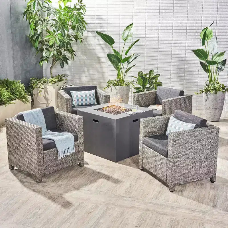 Maxwell 5pc Wicker Club Chair and Square Fire Pit Set - Mixed Black/Dark Gray - Christopher Knight Home: Weather-Resistant, Iron Frame