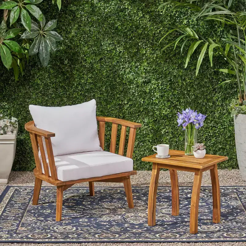 Juego de 2 sillas club y mesa de madera de acacia Barton - Teca/Blanco - Christopher Knight Home: Set de salón para exteriores con cojines