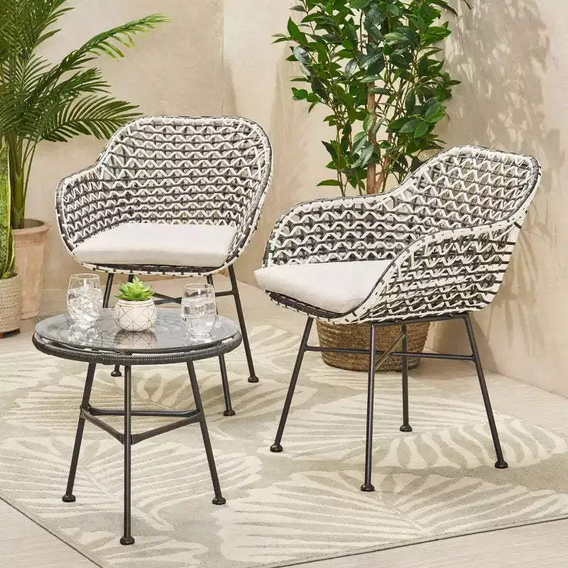 Juego de 3 piezas de mimbre para patio Beulah: Christopher Knight Home, diseño de ratán, mesa de vidrio templado