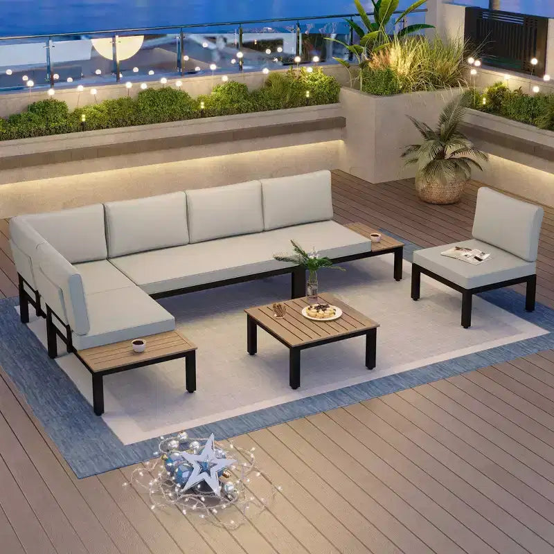 Captiva Designs 6pc Outdoor Conversation Set with Sectional Sofa Taupe Gray: Durable Patio Ensemble, Water-Resistant