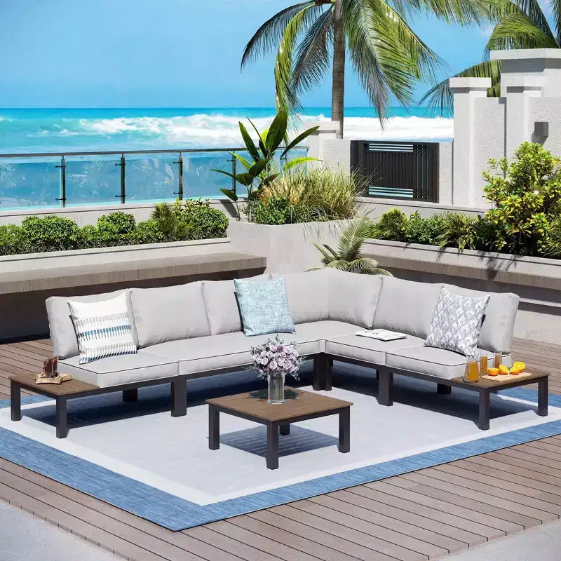 Captiva Designs 6pc Outdoor Conversation Set with Sectional Sofa Taupe Gray: Durable Patio Ensemble, Water-Resistant