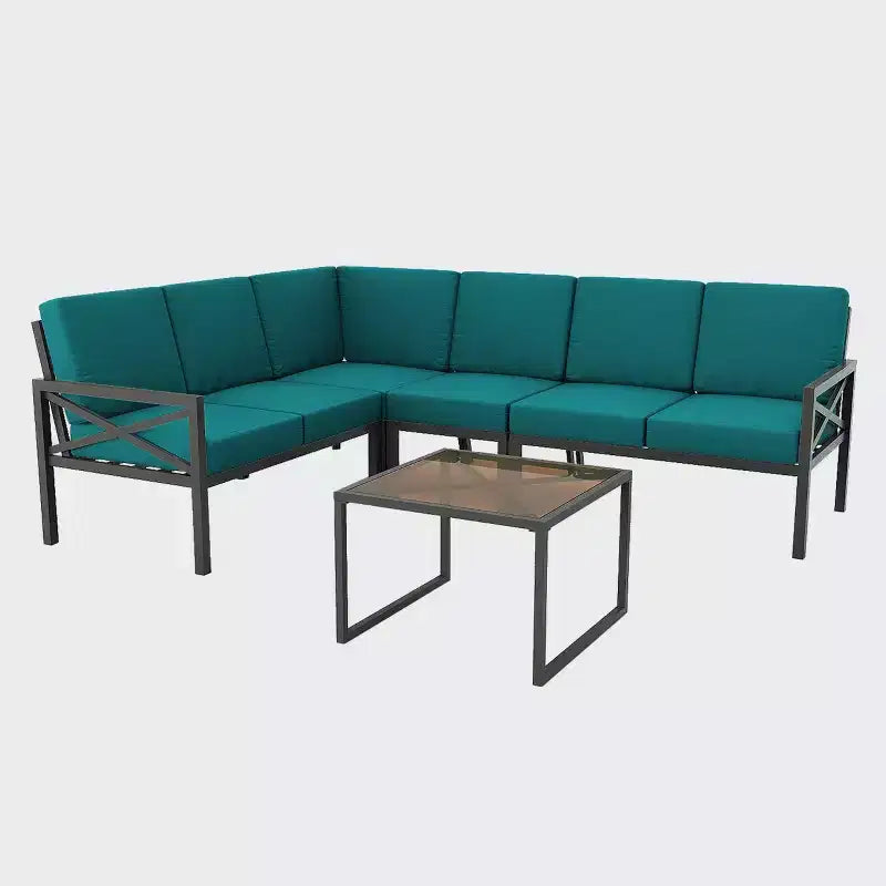 Leisure Made Blakely 5pc Aluminum Sectional in Peacock Fabric