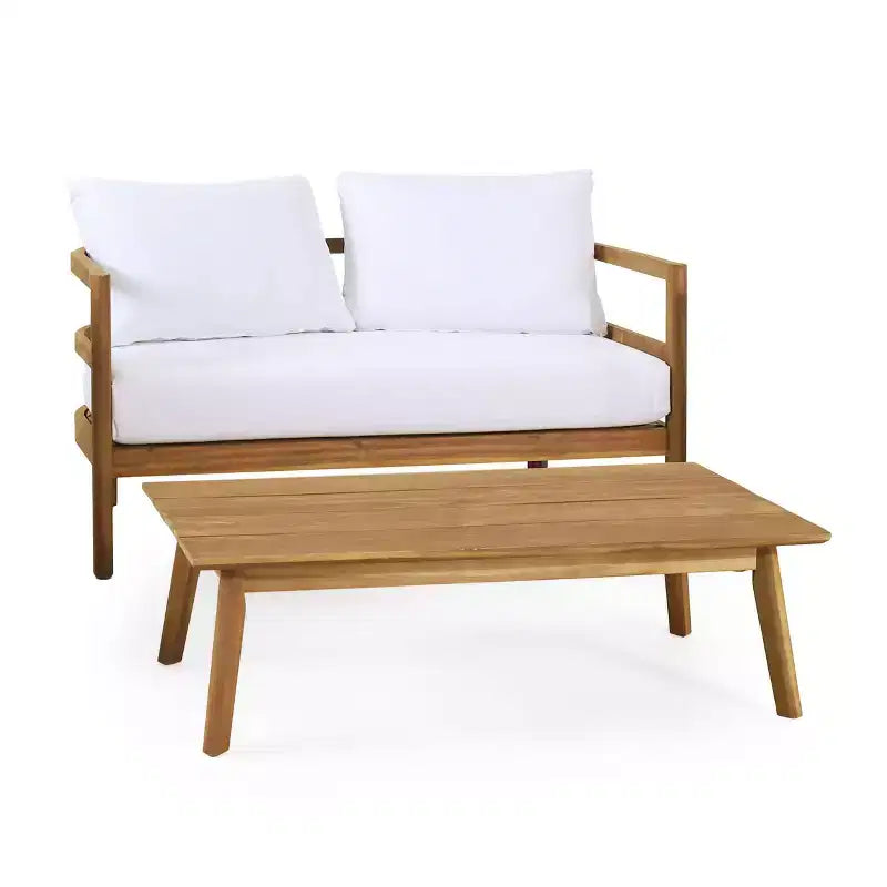 2pc Ellendale Outdoor Acacia Wood Loveseat & Coffee Table Teak/White - Christopher Knight Home: UV-Resistant Patio Set with Cushions
