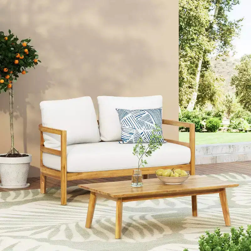 Ensemble de 2 pièces Ellendale comprenant une causeuse et une table basse en bois d'acacia d'extérieur Teck/Blanc - Christopher Knight Home : Ensemble de patio résistant aux UV avec coussins