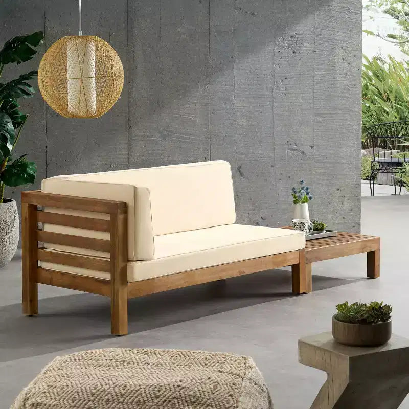 2 places Oana Outdoor Canapé d'extérieur en bois d'acacia avec accoudoir gauche et table basse avec coussin Teck/Beige - Christopher Knight Home