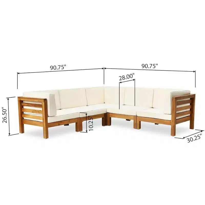 Sofá seccional modular de 5 plazas de madera de acacia para exterior Cascada de GDFStudio