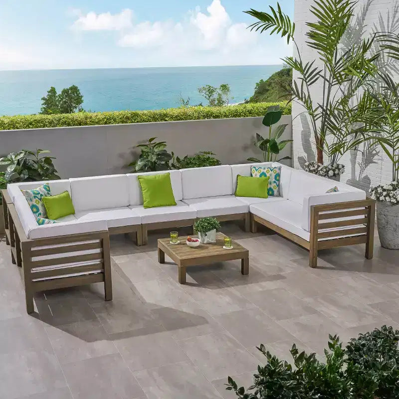 GDFStudio Sofá Seccional de 9 Asientos de Madera de Acacia para Exteriores Cascada con Cojines