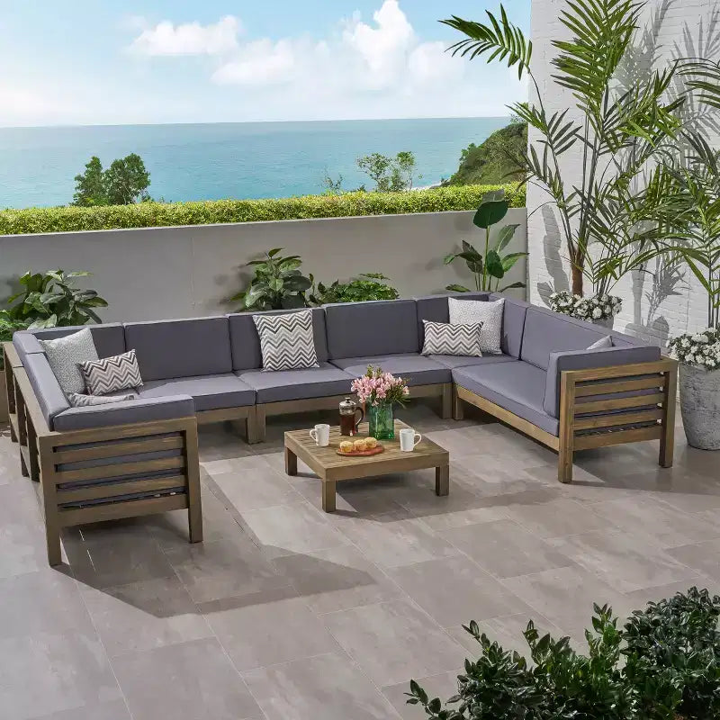 GDFStudio Sofá Seccional de 9 Asientos de Madera de Acacia para Exteriores Cascada con Cojines