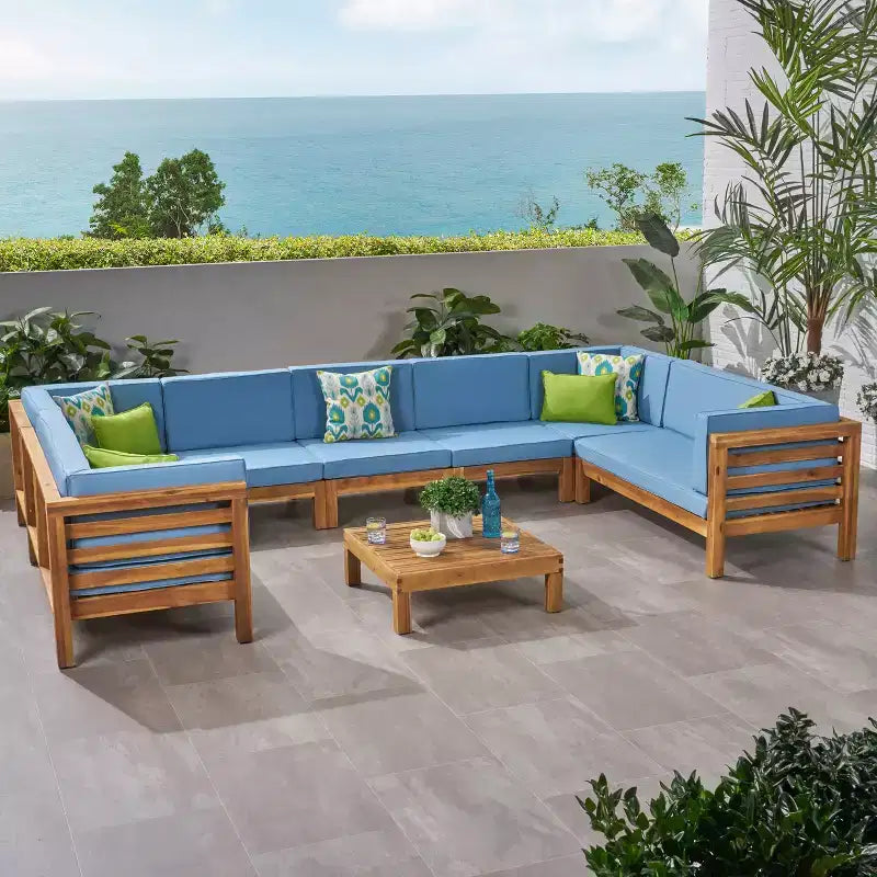 GDFStudio Sofá Seccional de 9 Asientos de Madera de Acacia para Exteriores Cascada con Cojines