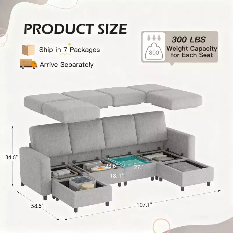 EROMMY 6 - Piece Modular Sectional Couch, Modular Couches and Sofas Sectional with Storage for Living Room