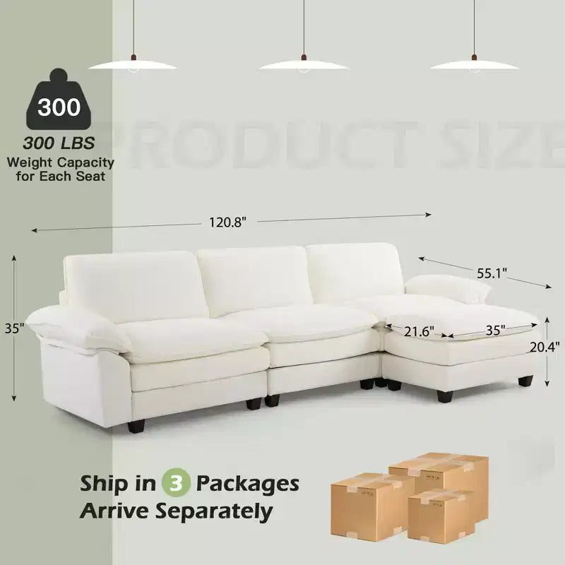 EROMMY 120.8'' Sectional Sofa Couch, Convertible L-Shaped Couch, Upholstered Sofas & Couches with Movable Ottoman for Living Room and Office, Beige