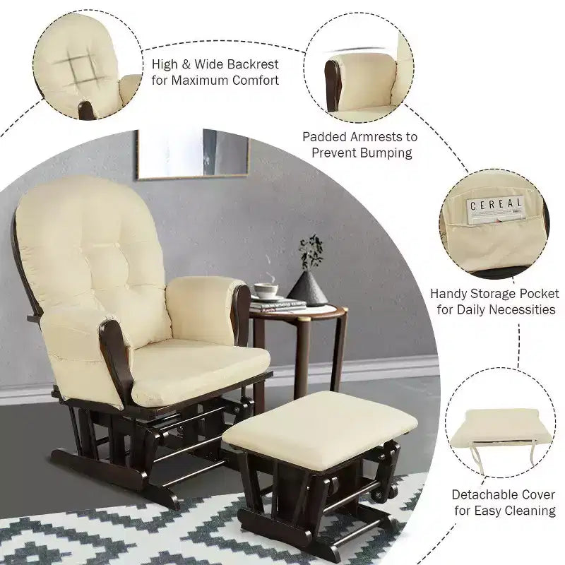 Costway Glider and Ottoman Cushion Set Wood Baby Nursery Rocking Chair Beige/Brown/Dark Grey/Light Grey/Pink/Grey