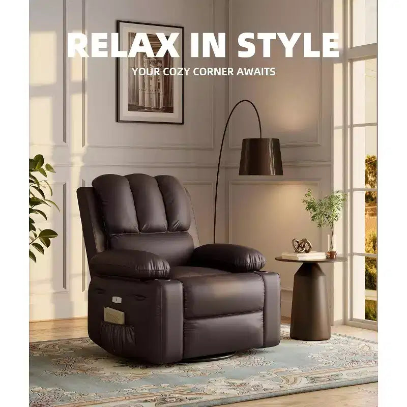 Recliner Chair with Heat and Massage - 360 Swivel&Faux Leather Rocking Chair with Cup Holder for Living Rooms, Bedrooms