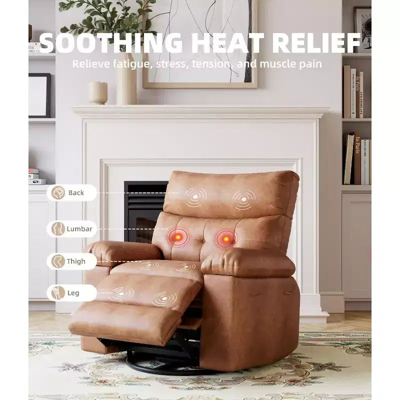 Recliner Chair with Heat and Massage - 360 Swivel&Faux Leather Rocking Chair with Cup Holder for Living Rooms, Bedrooms