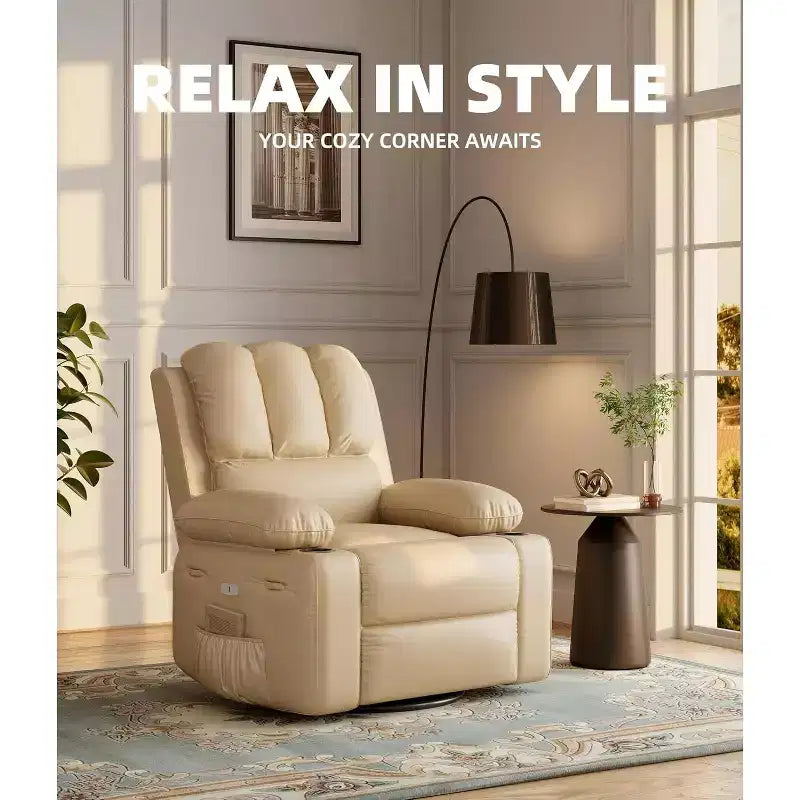 Recliner Chair with Heat and Massage - 360 Swivel&Faux Leather Rocking Chair with Cup Holder for Living Rooms, Bedrooms