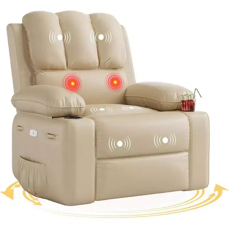 Recliner Chair with Heat and Massage - 360 Swivel&Faux Leather Rocking Chair with Cup Holder for Living Rooms, Bedrooms