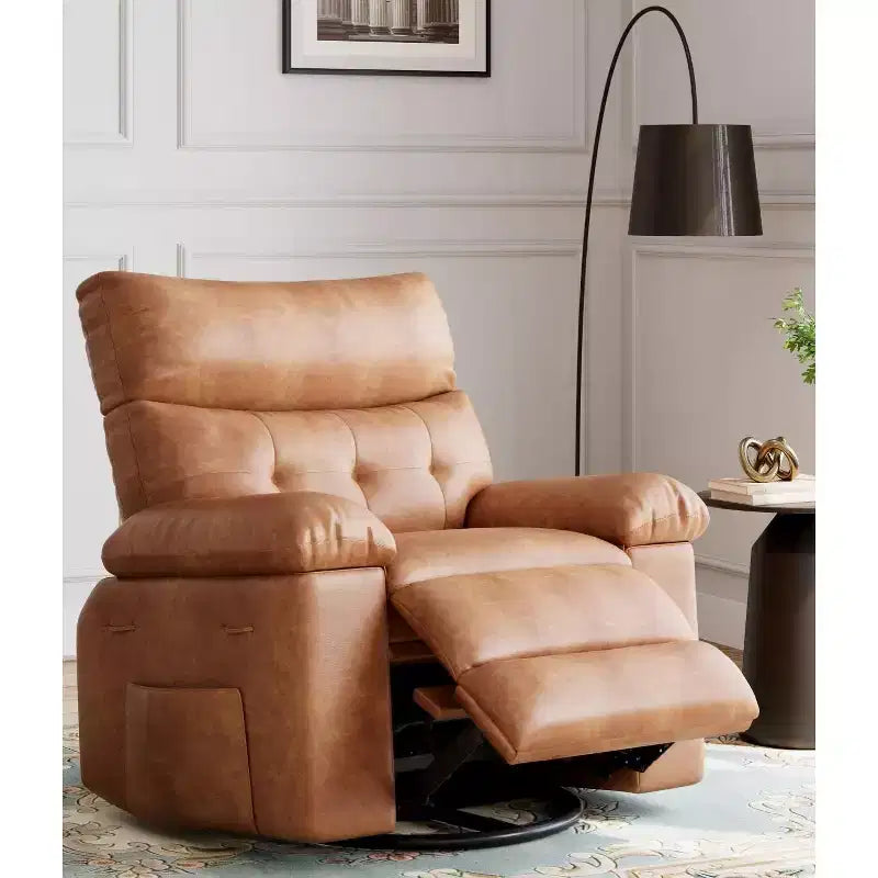 Sillón reclinable con calor y masaje - Giratorio 360° y mecedora de cuero sintético con portavasos para salas de estar, dormitorios