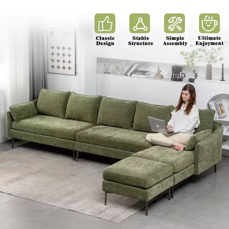EROMMY U Shaped Sectional Sofa,Chenille Convertible Sectional Couch Ottman for Living Room,Green