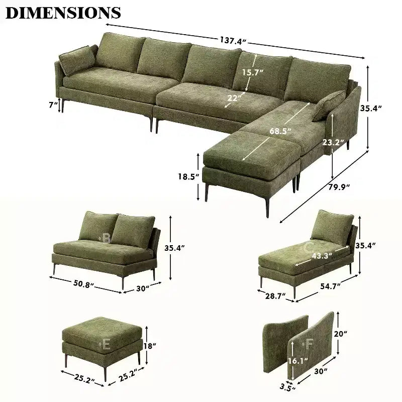 EROMMY U Shaped Sectional Sofa,Chenille Convertible Sectional Couch Ottman for Living Room,Green
