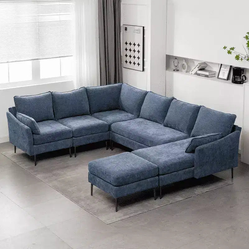EROMMY U Shaped Sectional Sofa Chenille Convertible Sectional Couch with Chaise Lounge and Ottman for Living Room,Blue