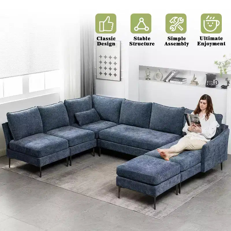 EROMMY U Shaped Sectional Sofa Chenille Convertible Sectional Couch with Chaise Lounge and Ottman for Living Room,Blue