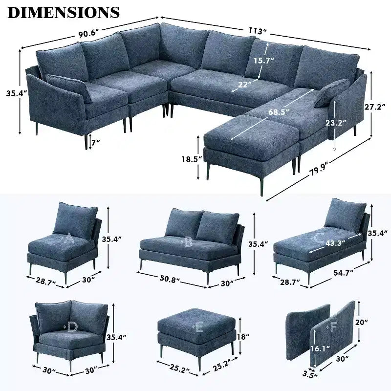 EROMMY U Shaped Sectional Sofa Chenille Convertible Sectional Couch with Chaise Lounge and Ottman for Living Room,Blue
