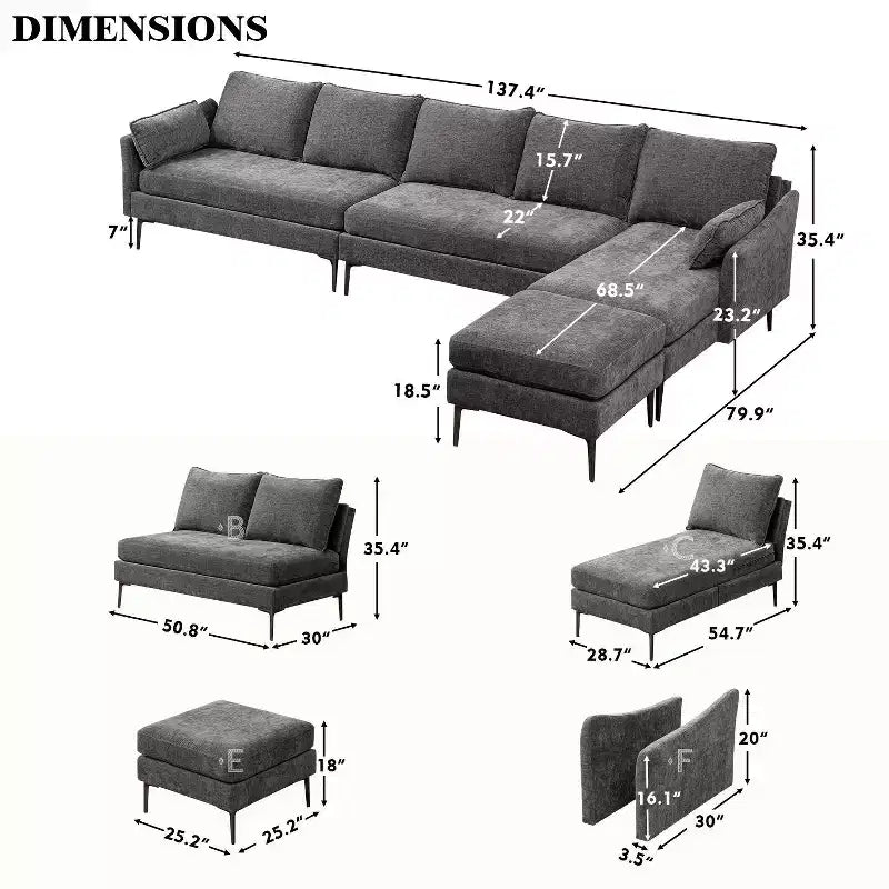 EROMMY U Shaped Sectional Sofa,Chenille Convertible Sectional Couch Ottman for Living Room,Grey