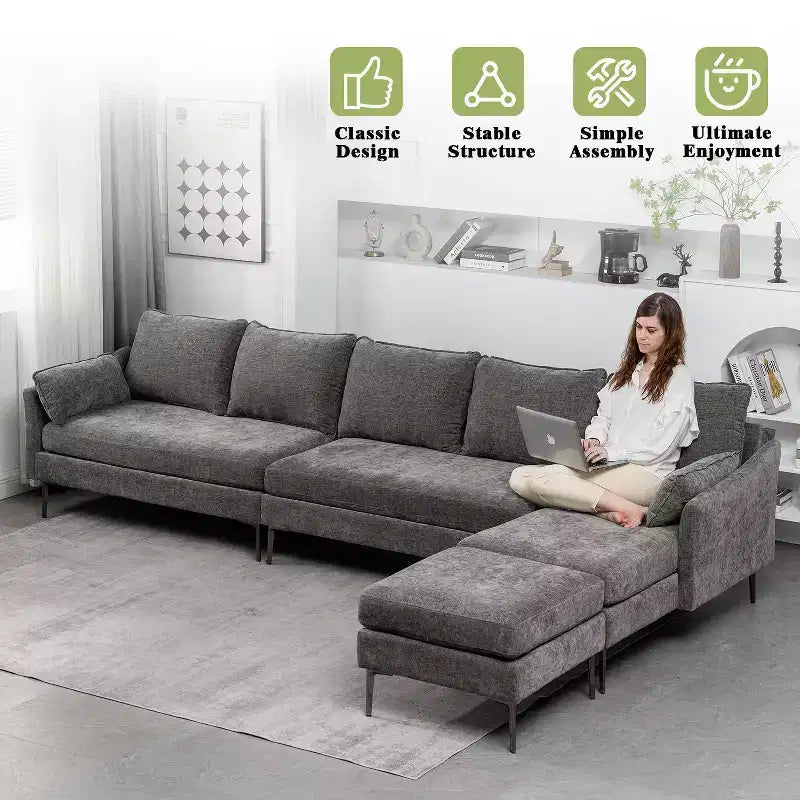 EROMMY U Shaped Sectional Sofa,Chenille Convertible Sectional Couch Ottman for Living Room,Grey
