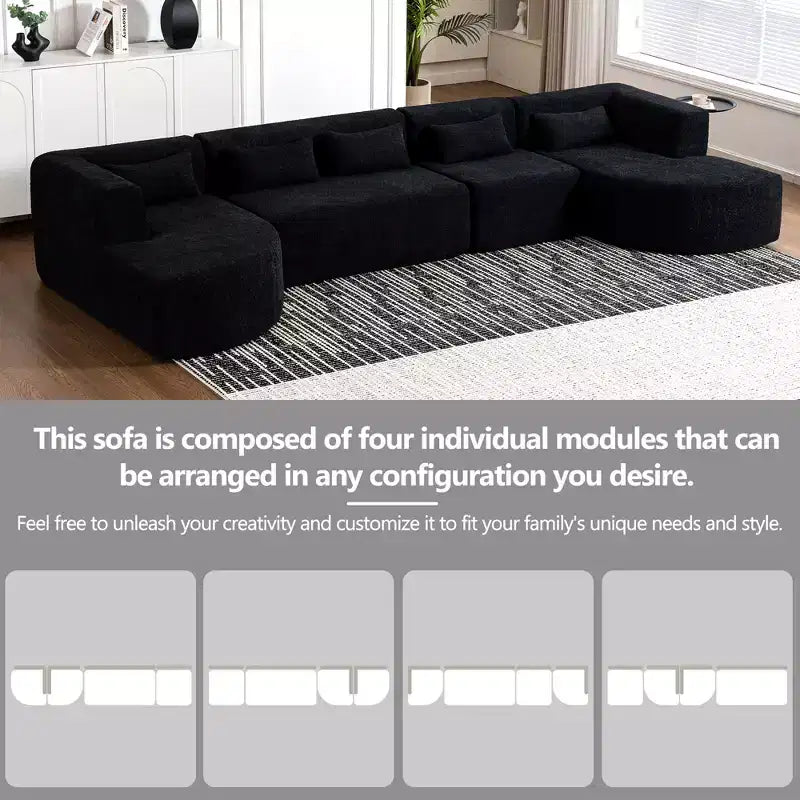 Whisen 144 Upholstered Sofa with Two Chaise & Five Pillows