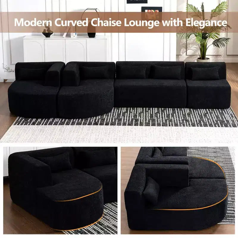 Whisen 144 Upholstered Sofa with Two Chaise & Five Pillows