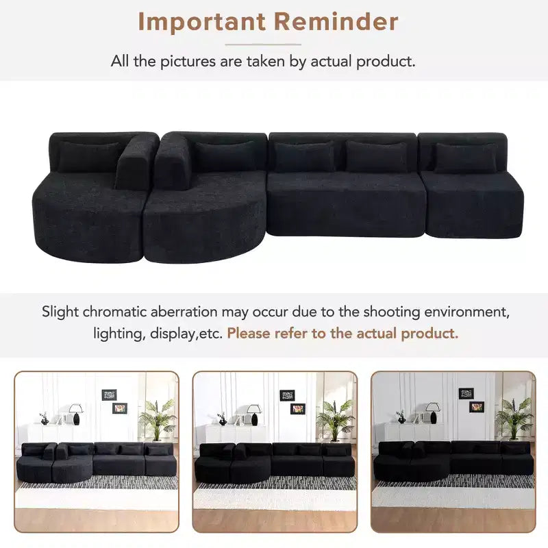 Whisen 144 Upholstered Sofa with Two Chaise & Five Pillows
