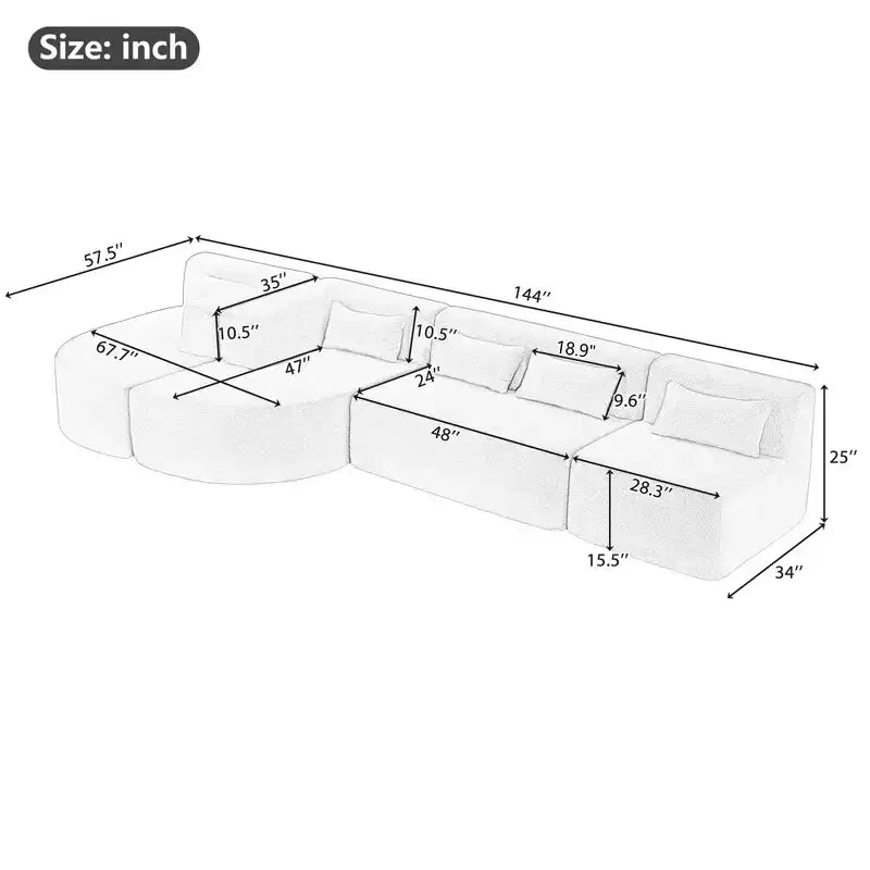 Whisen 144 Upholstered Sofa with Two Chaise & Five Pillows