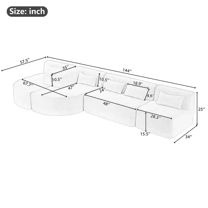 Whisen 144 Upholstered Sofa with Two Chaise & Five Pillows