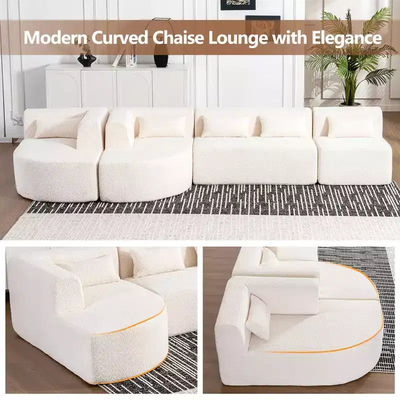 Whisen 144 Upholstered Sofa with Two Chaise & Five Pillows