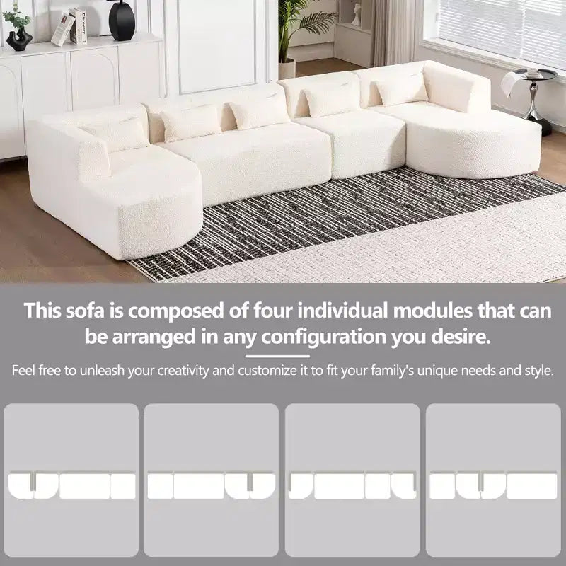 Whisen 144 Upholstered Sofa with Two Chaise & Five Pillows