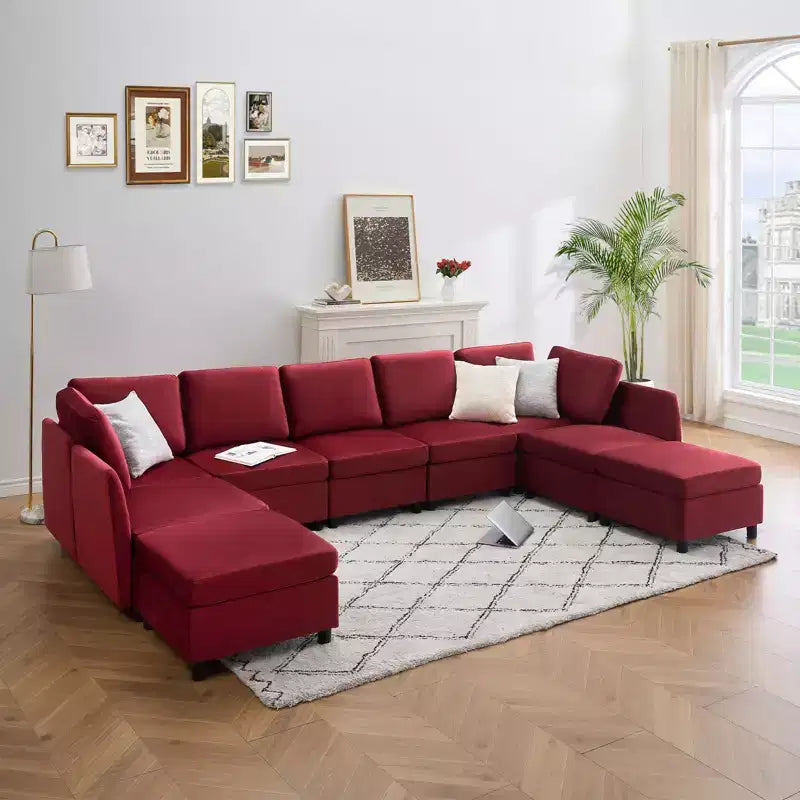 Whizmax 9-Seaters Reversible Velvet Modular Sectional Sleeper Sofa with Ottomans, Storage and Chaise - Wine Red