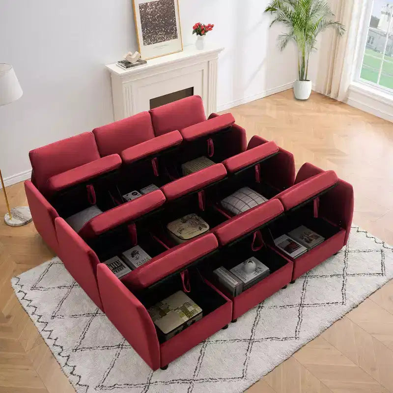 Whizmax 9-Seaters Reversible Velvet Modular Sectional Sleeper Sofa with Ottomans, Storage and Chaise - Wine Red