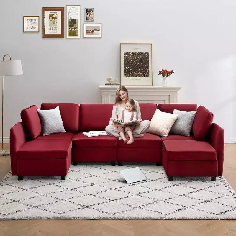 Whizmax 9-Seaters Reversible Velvet Modular Sectional Sleeper Sofa with Ottomans, Storage and Chaise - Wine Red