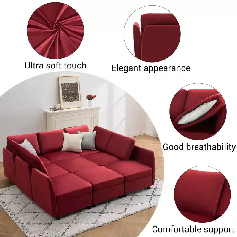 Whizmax 9-Seaters Reversible Velvet Modular Sectional Sleeper Sofa with Ottomans, Storage and Chaise - Wine Red